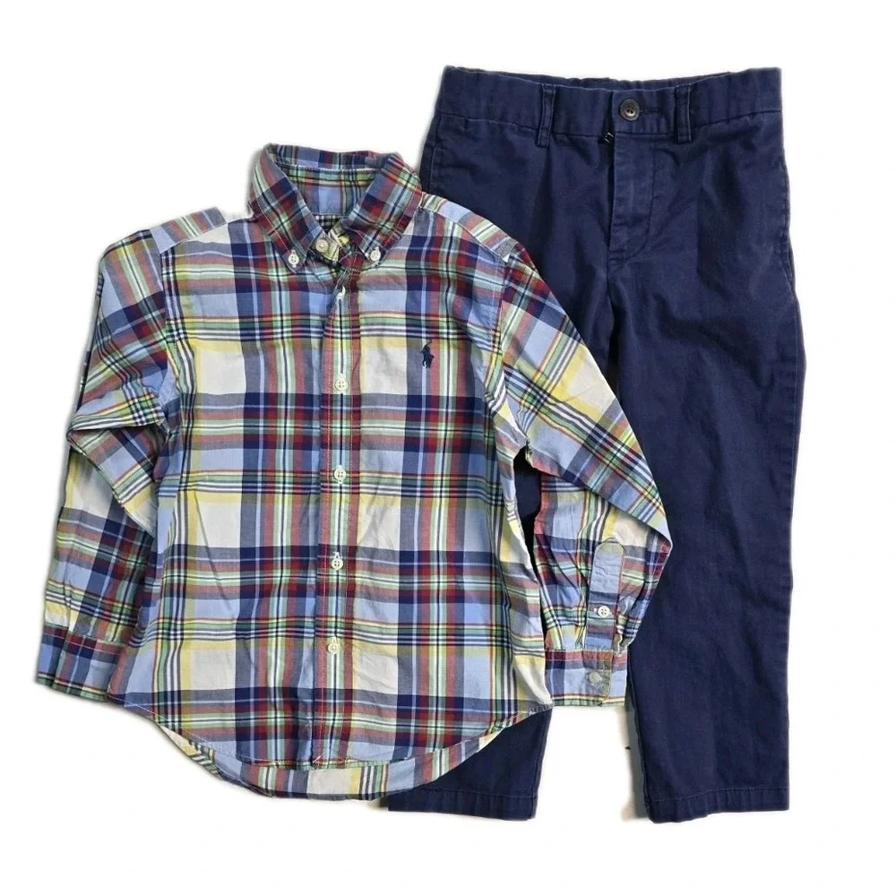 Ralph‎ Lauren Boys Button Up Shirt Long Sleeves Chino Pants 4 T Lot Of 2